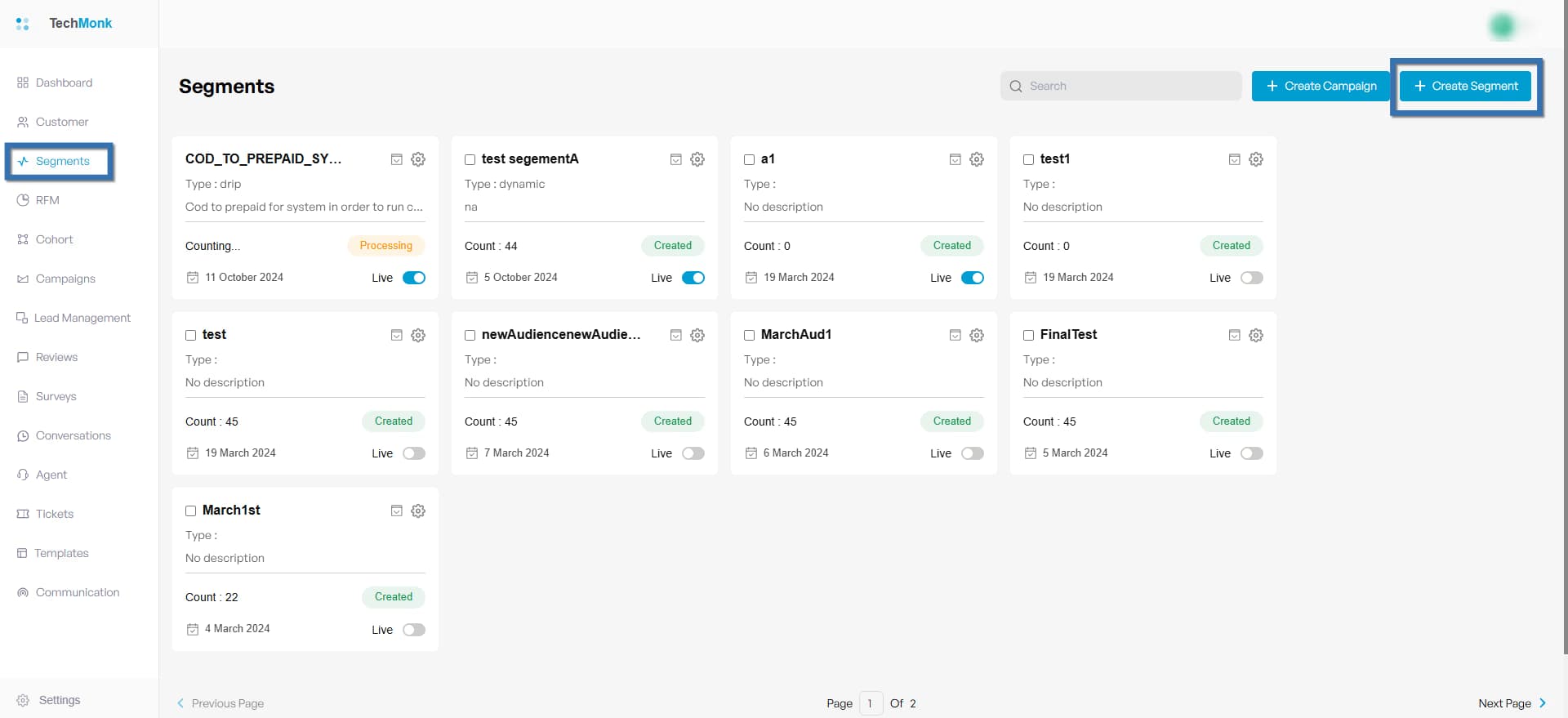 Create Segments on TechMonk